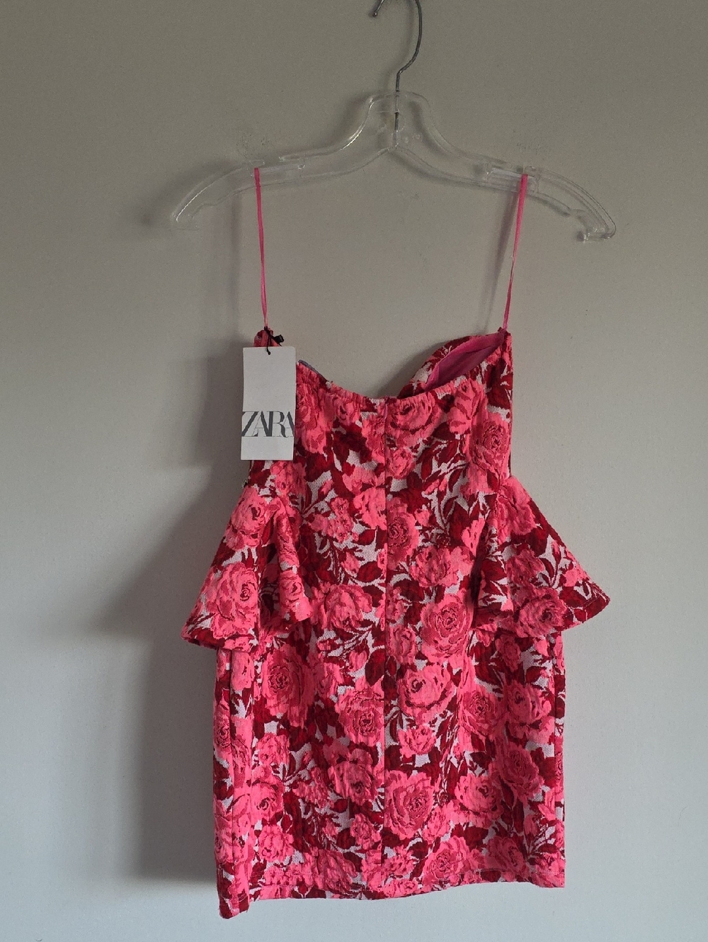 NWT ZARA | Floral Jacquard mini dress jewel appliqued Red Sz L - Picture 7 of 9
